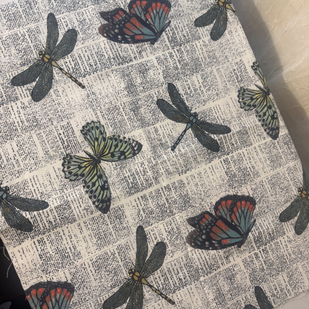 Vintage Fabric White Newspaper Dragonfly Butterfly Print Piece 22.5x36